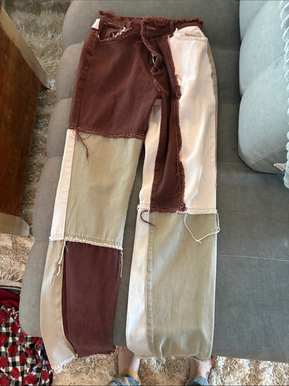 SHEIN Maroon & Cream Mixed Fabric Pants